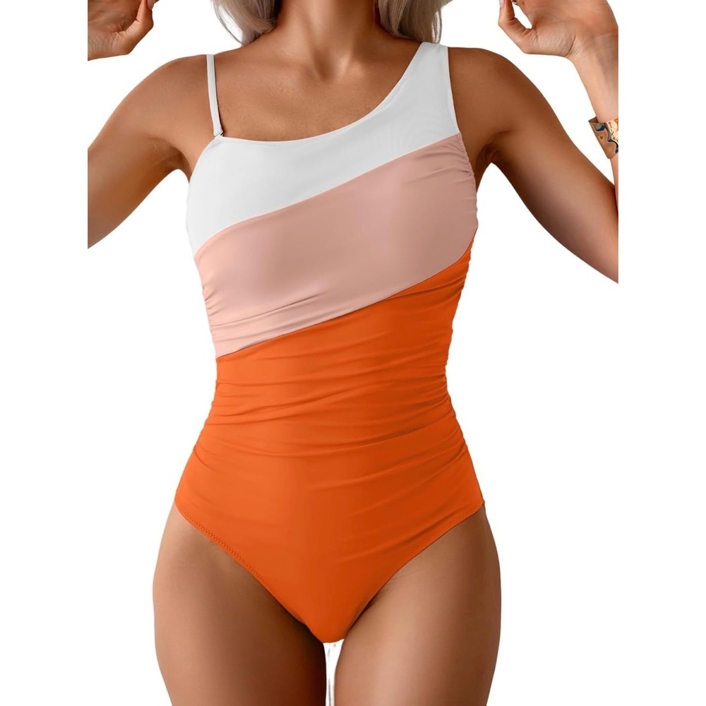 Colorblock Orange Peach White One‎ Piece Swimsuit Ruched XL NEW